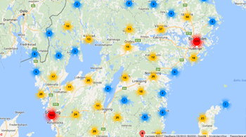 Karta över del av Sverige med röda, gula och blå prickar.