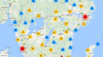 Karta över del av Sverige med röda, gula och blå prickar.