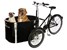 En trehjulig lastcykel med låda fram. I lådan sitter en stor och en liten hund.