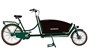 En grön tvåhjulig cykel med lastutrymme framför styret