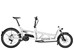 En vit tvåhjulig cykel med pakethållare bakom framhjulet.