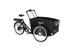 En trehjulig lastcykel lastcykel med stor lastlåda fram.